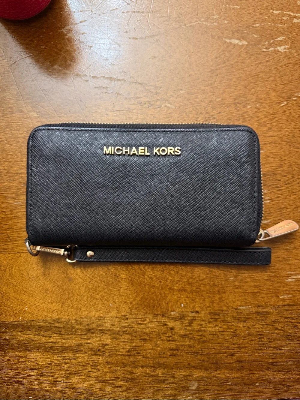 Michael Kors Black Saffiano Zip Wristlet Wallet with Gold Logo